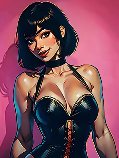 one asian girl, bust, solo, upper body, black hair, black eyes, bob cut, choker, nsfw, dark skin, corset, masterpiece, highly detailed, look at viewer, expressing joy, black background, smile, camera from the front