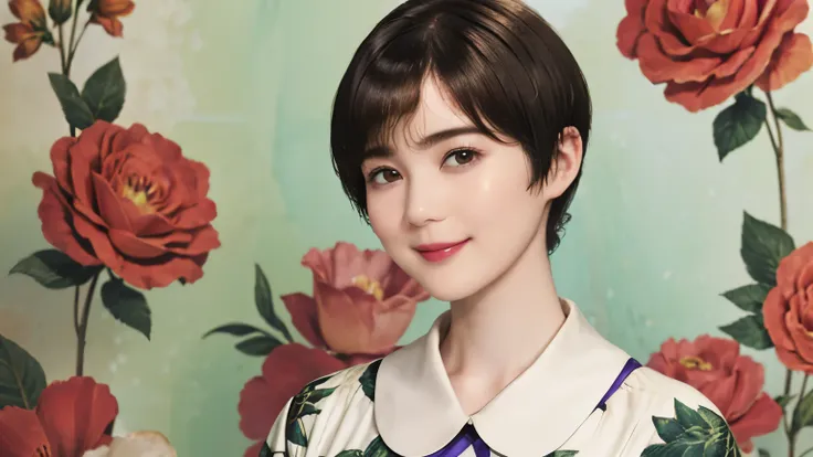 151
(20 year old woman,Floral clothing), (Super realistic), (high resolution), ((beautiful hairstyle 46)), ((short hair:1.46)), (gentle smile), (brest:1.1), (lipstick)
