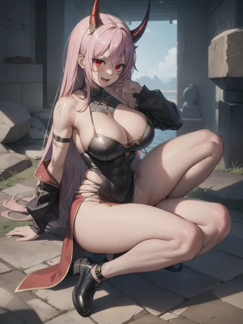 dragon woman with fangs, horn on her forehead, tail with scales, shapely and muscular legs, huge breasts, pink hair, scar on her cheek, red eyes, tight and torn dress, 8k, hd, masterpiece, full body, and totally background white