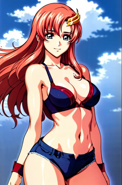 lacus4, (jeans), (red bra), (masterpiece, laying down, very slim shoulders, 4K, Best Quality, Anime style: 1.9, happy, Adult Woman, (ultra detailed head), (cloud background), Drawing lines, high resolution, lacus4), 1girl, Solo, curvy figure, Long hair, 鎖骨...