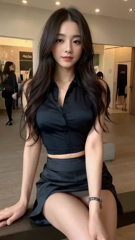 ((top-quality、8k、​masterpiece:1.3))、Beautiful woman with perfect body:1.4、slim abdomen:1.2、Longhair, normal breast, Highly detailed facial and skin texture, A detailed eye, delicate eyes, (smile), (full body shot), ((shopping mall)), (sitting standing), ((...