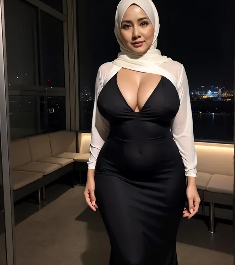 56 years Old, Hijab Indonesian mature woman, Big Tits : 96.9, (Tight Luxury Gown), curvy body, Breast about To burst out from her clothes, at doctor office, Dark light, at Nighttime.