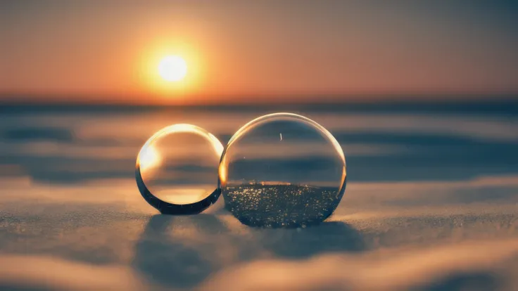 hyper ultra realistic photographs full body of A single glass tear glistens on the sand, reflecting the setting sun. Beside it, a delicate bottle holds a love letter, its ink smudged with salty tears, a silent testament to a heartbreak left to the oceans w...