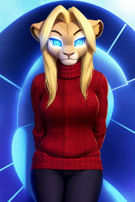 android wife, lioness anthro, blonde hair, blue eyes, glowing eyes, sweater, 3D Disney style