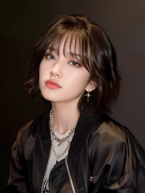 a close up of a woman with a black jacket and a necklace, portrait of jossi of blackpink, portrait of female korean idol, portrait of kpop idol, jinyoung shin, sun yunjoo, with short hair, heonhwa choe, cai xukun, park ji-min, she has black hair with bangs...