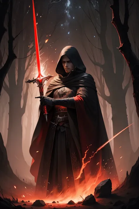 a man in a cloak holding a sword in a dark black and red forest, hold sword in the forest, glowing sword (red),dark fantasy styl...