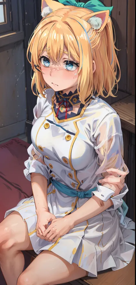 best quality, (masterpiece:1.2), detailed, medieval,
Rumia Tingel,
1girl, solo, ((blush)),
medium hair, blonde hair, short ponytail, blue eyes, green bow, x hair ornament,
((( blue eyes, ultra-detailed eyes))),
Dynamic pose, ((blush)), medium breasts,  med...