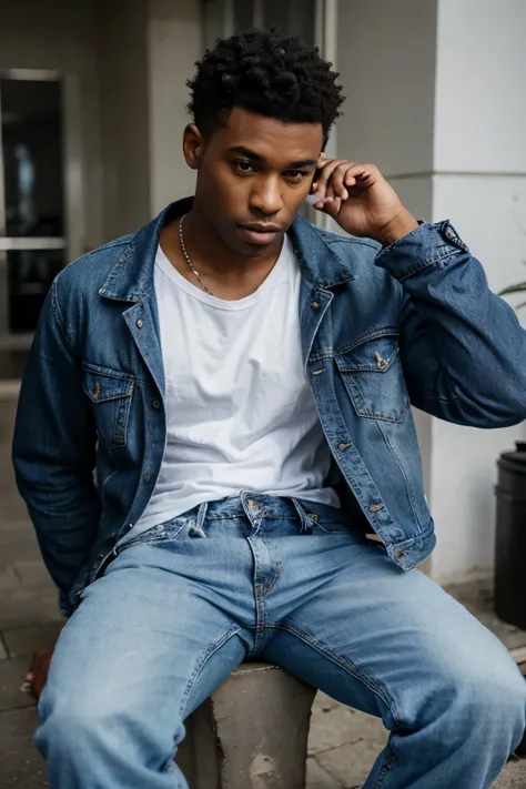 black man wearing blue jeans jacket and white T-shit. with very short curl hair.