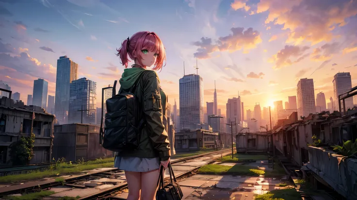 (best quality, 4k, 8k, highres, masterpiece:1.2), ultra-detailed, abandoned destroyed city with skyscrapers covered with vegetation on background, sunset, railroad between buildings, vine, anime girl in castoffs close to camera, ash hair, green eyes, look ...