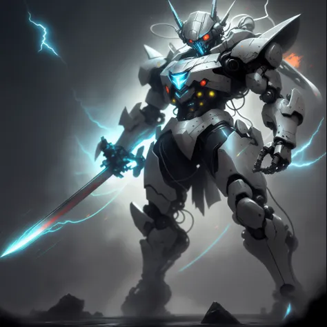 a close up of a robot with a sword and lightning, cool mecha style, high quality digital concept art, alexandre ferra white mecha, mecha art, mecha warrior, painterly humanoid mecha, epic sci-fi character art, epic sci - fi character art, mecha inspired, s...