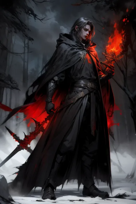 a man in a cloak holding a sword in a dark black and red forest, hold sword in the forest, glowing sword (red),dark fantasy styl...