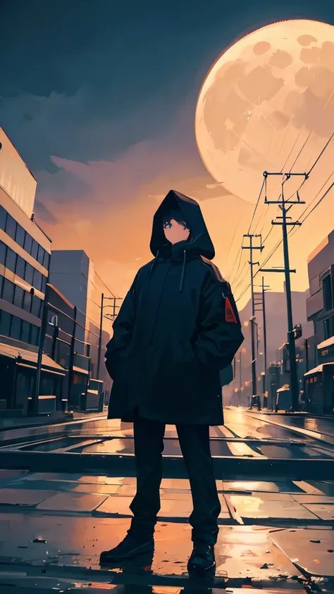 a boy standing in front of a railroad crossing, wearing a black hood, is looking up and the moon can be seen in the distant sky ...