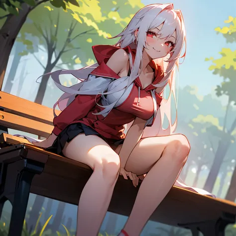 1girl, white long hair, highschool outfit, pretty, red neon eyes, big breast, short skirt, sitting at benches, trees on behind, looking at viewers from aside, smile seductively, reveal shoulder, wear hoodie, thick legs, cross legs