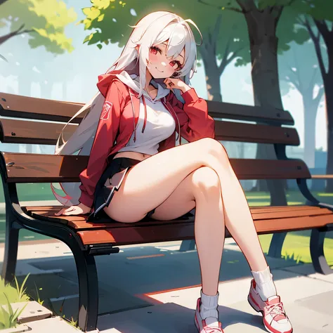 1girl, white long hair, highschool outfit, pretty, red neon eyes, big breast, short skirt, sitting at benches, trees on behind, looking at viewers from aside, smile seductively, reveal shoulder, wear hoodie, thick legs