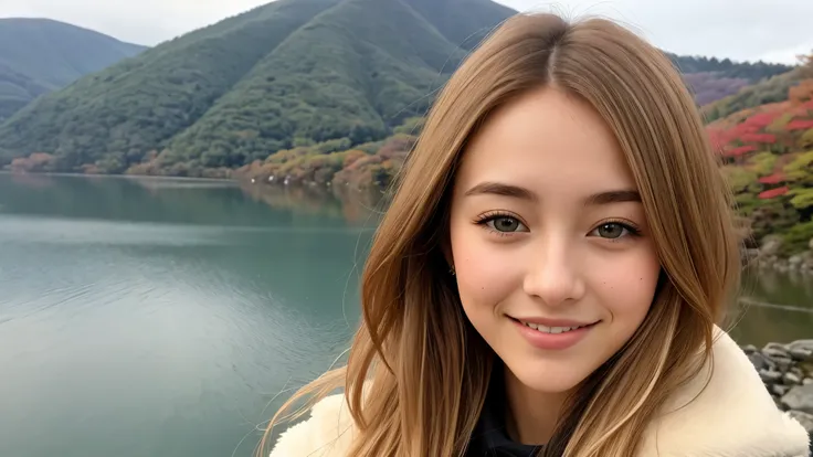 Instagram pictures, 1 French girl, Shoulder length hair, Has light blonde hair, Close-up photo, coat, The background is Lake Kawaguchiko., Japan, smile a little,