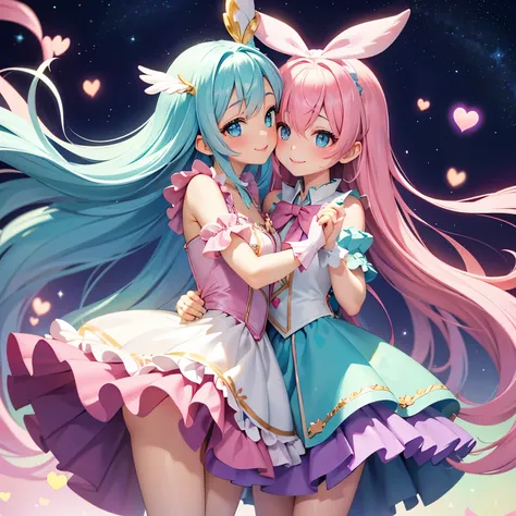 a magical girl with sparkling eyes, long flowing pastel-colored hair, and a frilly, ribbon-adorned costume, mid-air with a radiant smile as she gracefully throws a magical kiss towards the viewer, surrounded by shimmering hearts and stars.