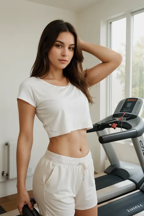 A captivating photorealistic portrait showcases a 25-year-old Italian woman with long, luscious brown hair cascading down her shoulders, framing her striking brown eyes. She adorns a simple yet elegant white T-shirt, allowing her natural, warm, and invitin...