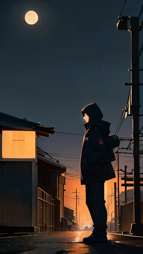 a sideways full body view of a boy wearing a black hood standing in front of a railroad crossing and looking up to see the moon ...