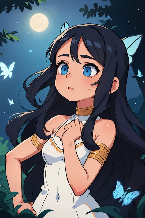 Dark blue long wavy hair, Blue eyes, a dress like in Egypt, white to the shoulders , butterflies on the hair, Woman, at night in the desert, Human, joy on your face