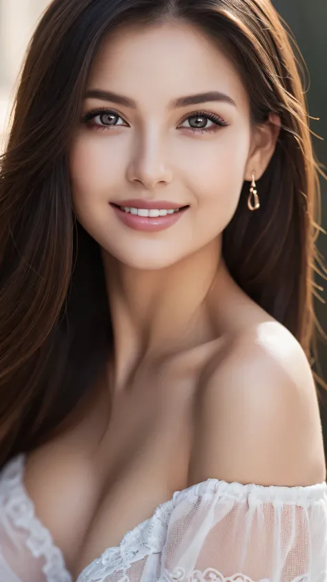 1woman, (Ultra realistic, high res), (highly detailed eyes, highly detailed hair, highly detailed face, highly detailed plump lips), (off shoulder with open breasts), breasts, upper body, caute smile, (best quality:1.4), Raw photo, (realistic, photo-realis...