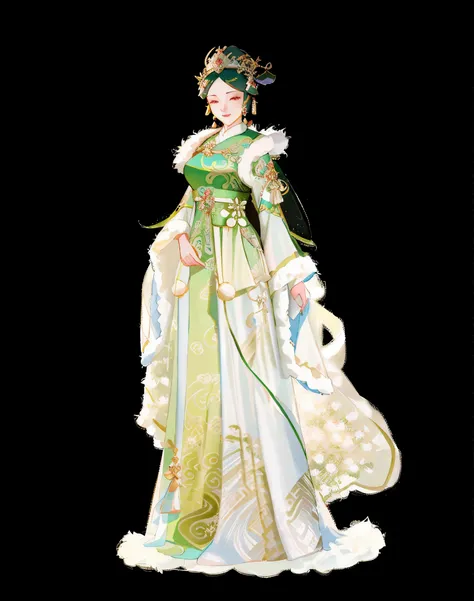 Close-up of a woman wearing a green dress and fur, Inspired by Lan Ying, chinese princess, Inspired by Qiu Ying, full body xianxia, ((beautiful fantasy queen)), Inspired by Zhu Lian, Princess of the Asian Dynasty, Queen of China, inspired by trees, Inspire...