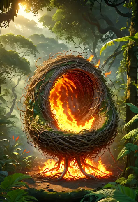 (8K, 16 thousand., Award Winning, Dynamic,Best quality, Highest resolution, super details, high detail, anatomically correct, masterpiece, stunning beauty), Composed of fire elements，(Huge nest in the jungle:1.2)，Phoenix FlyingDonM3l3m3nt4lXL