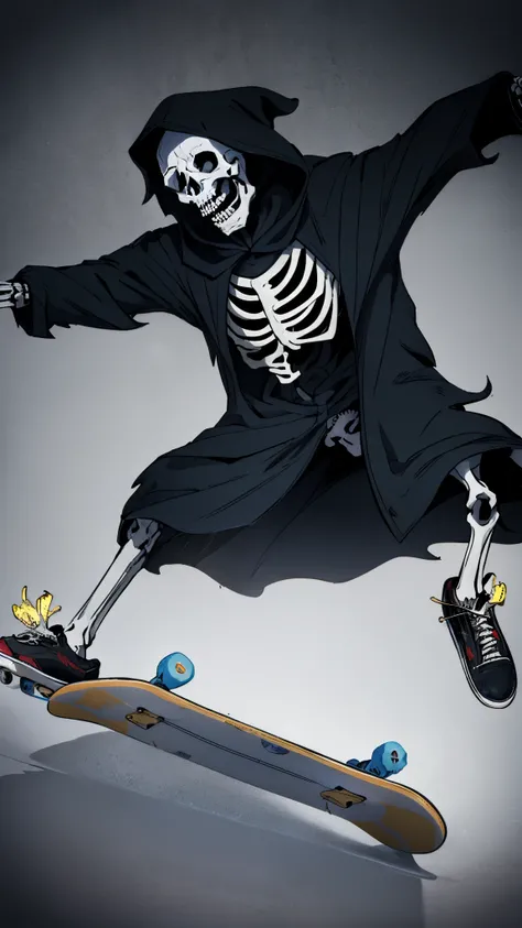 arafed skeleton on a skateboard doing a trick, riding a skateboard, skateboarding, skateboard, skeleton climbing, skateboarder style, punk grim reaper, grim reaper, kickflip, plays skateboards, the grim reaper, skelleton, whirling death, standing on a skat...