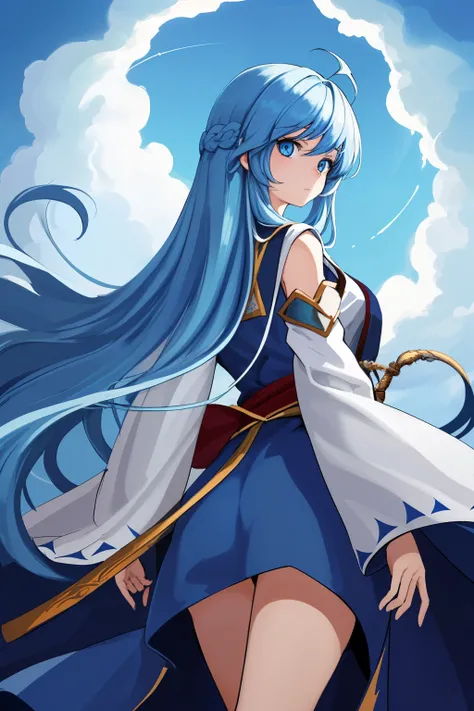 Masterpiece, Best quality, 1girl, long hair, Blue hair, Arms behind the back, Blue eyes, Heavenly clouds, Long wizard robe, flames