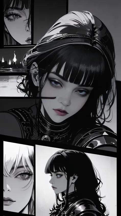 high detail, masterpiece, dramatic lighting(absurdres, highres, ultra detailed), extremely detailed CG unity 8k. mature face, adult woman, woman, mature woman, short wavy black hair and bangs, royal black armor, full body, side view