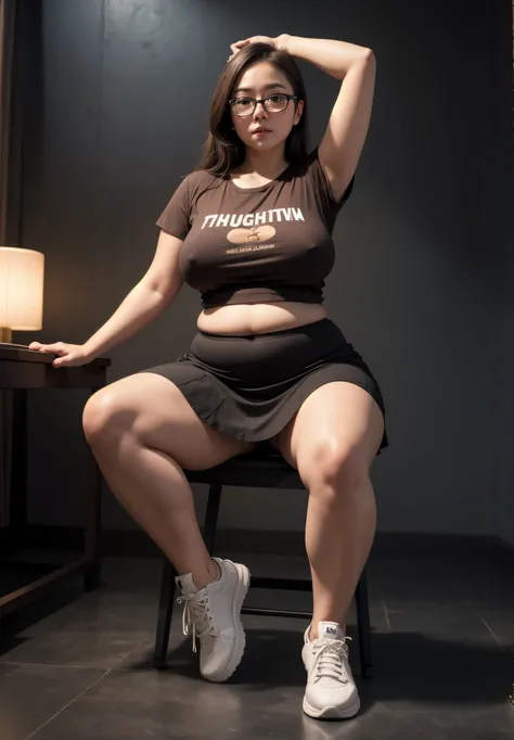 ((best quality)), ((masterpiece)), (detailed), perfect face, chubby female, big breast, chubby belly, full body, chubby thighs, thick neck, wearing brown midi t-shirt and thight skirt, black room, chubby armpits, wearing sneakers, glasses, pose on camera, ...