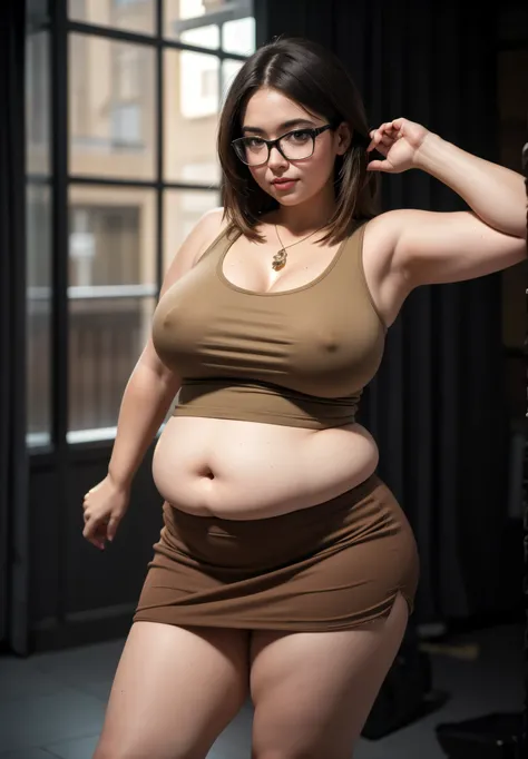 ((best quality)), ((masterpiece)), (detailed), perfect face, chubby female, big breast, chubby belly, full body, chubby thighs, thick neck, wearing brown midi t-shirt and thight skirt, black room, chubby armpits, wearing sneakers, glasses, pose on camera 