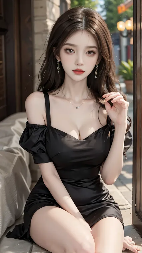 short sleeves,off shoulder, dress, 1girl, ((full body)), fashi-girl, red lips, mature female, makeup, Warm colors, Color saturation, Close up, sitting position, elegant posture, tempting pose, Perfect curves, slim, sexy, Big breasts, cleavage, slender legs...