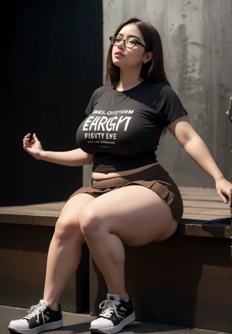 ((best quality)), ((masterpiece)), (detailed), perfect face, chubby female, big breast, chubby belly, full body, chubby thighs, thick neck, wearing brown midi t-shirt and thight skirt, black room, chubby armpits, wearing sneakers, glasses 