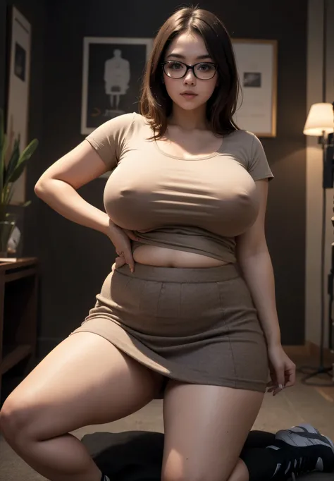 ((best quality)), ((masterpiece)), (detailed), perfect face, chubby female, big breast, chubby belly, full body, chubby thighs, thick neck, wearing brown midi t-shirt and thight skirt, black room, chubby armpits, wearing sneakers, glasses 