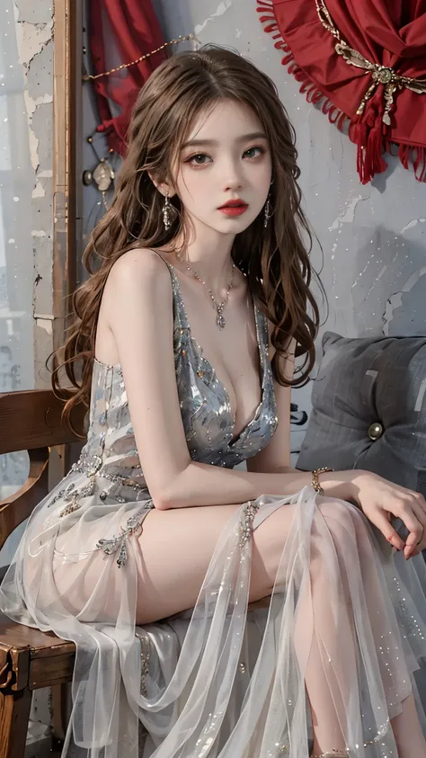 long dress,dress,, 1girl, ((full body)), fashi-girl, red lips, mature female, makeup, Warm colors, Color saturation, Close up, sitting position, elegant posture, tempting pose, Perfect curves, slim, sexy, Big breasts, cleavage, slender legs, Confused eyes,...