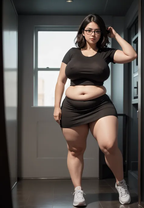 ((best quality)), ((masterpiece)), (detailed), perfect face, chubby female, big breast, chubby belly, full body, chubby thighs, thick neck, wearing brown midi t-shirt and thight skirt, black room, chubby armpits, wearing sneakers, glasses 