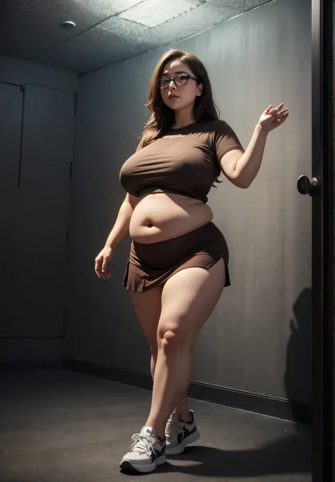 ((best quality)), ((masterpiece)), (detailed), perfect face, chubby female, big breast, chubby belly, full body, chubby thighs, thick neck, wearing brown t-shirt and thight skirt, black room, chubby armpits, wearing sneakers, glasses 