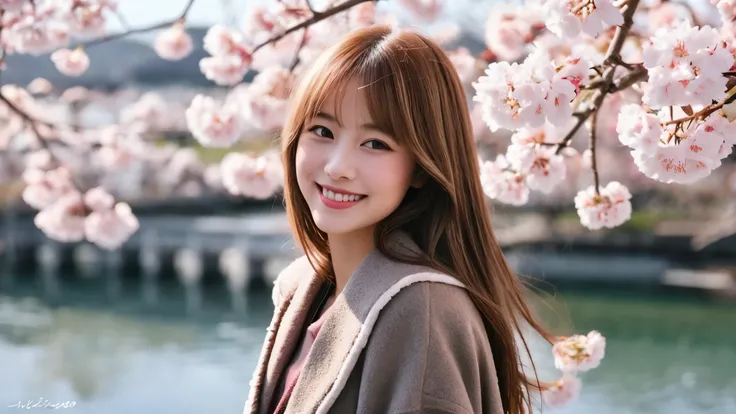 Instagram pictures, 1 French girl, Shoulder length hair, has light blonde hair, Close-up photo, coat, The background is Lake Kawaguchiko.., cherry blossoms, Japan, smile a little,