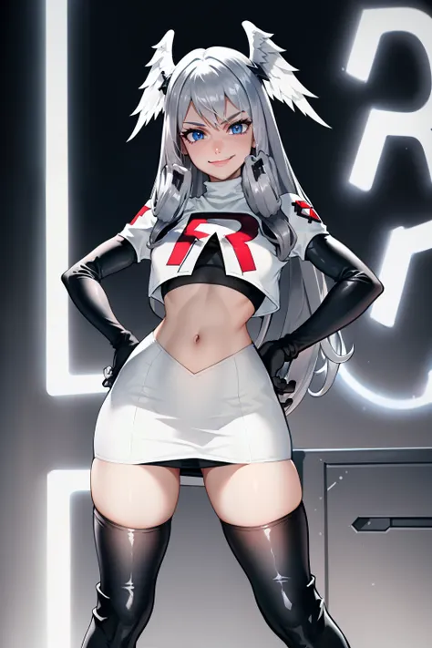 meliaxc3,grey hair, blue eyes ,head wings ,glossy lips ,team rocket uniform, red letter R, white skirt,white crop top,black thigh-high boots, black elbow gloves, smile, hands on hips 