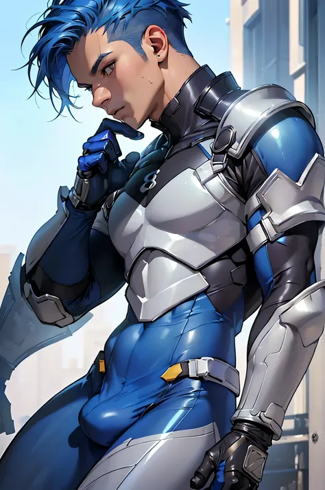 ((highest quality, 8K, Super detailed, masterpiece: 1.3)), 1 boy, 15 years old、blue hair、shiny skin, sharp, perfect body beauty, Perfect body with realistic shading, (cute baby face:1.1),("body suit, tech wear,big bulge ":1.2),("leggings , armor":1.1),("gl...