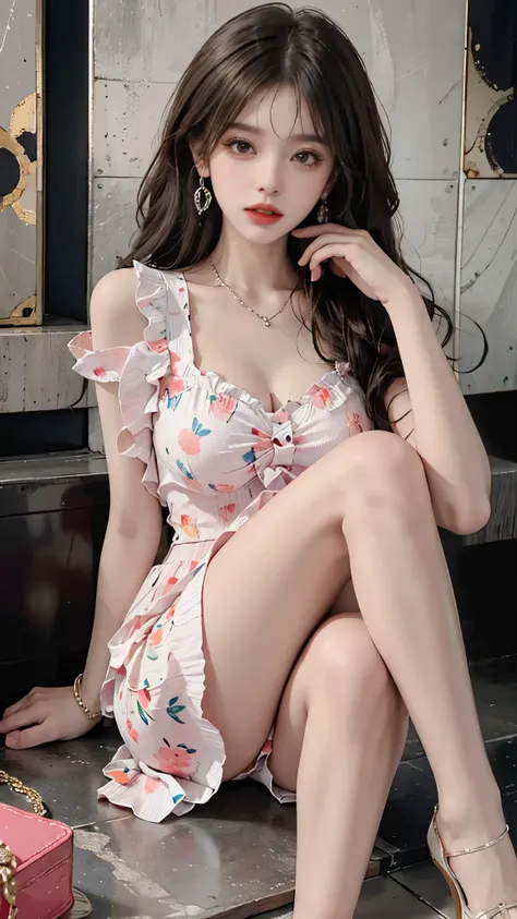 Sweet girl clothes6,print dress, 1girl, ((full body)), fashi-girl, red lips, mature female, makeup, Warm colors, Color saturation, Close up, sitting position, elegant posture, tempting pose, Perfect curves, slim, sexy, Big breasts, cleavage, beautiful legs...