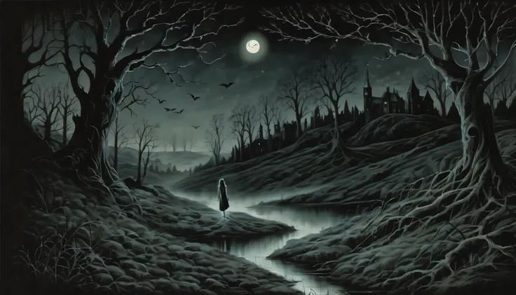 A dark nymphet wandering through a spooky landscape., In a dark fantasy world, Delicate features illuminated by the moonlight, create an atmosphere of mystery and fear, A dark paradise full of unforgettable beauty and secrets waiting to be revealed., Incre...