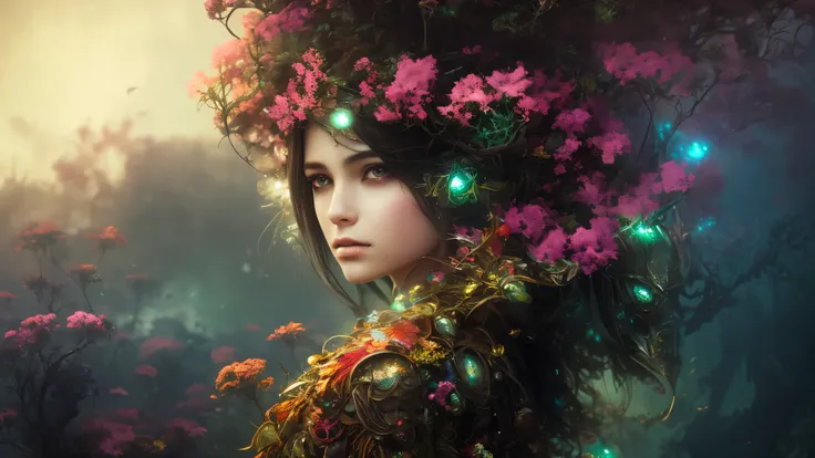 Imagine that the skin of this girl creature looks like it was made of a fishing net, with leaves and flowers on its body. Digital Epic Fantasy, Symmetrical Concept Art, Sinister Fantasy Illustration, Symmetrical Epic Fantasy Art, Epic Fantasy Science Ficti...