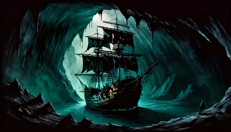 A battered sailboat in a dark cave, dim shadow coating, no lighting, No lamp, Atmosphere of eeriness, fear and awe, Around the mural of the dead in hell, Dark fantasy style, (silly fine brush strokes:1.2), gouache, grunge, high quality, 最high quality, 8K, ...
