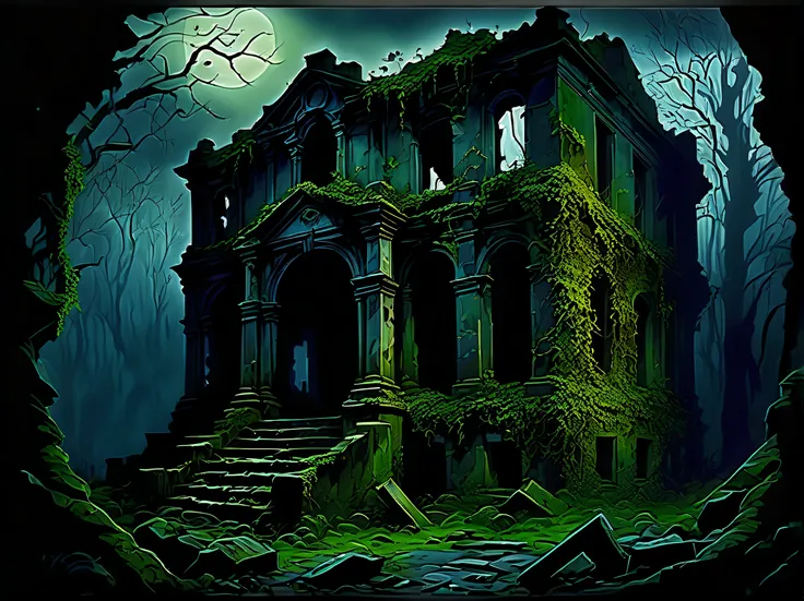 spooky haunted ruin landscape, dense trees々and ivy, dark twilight of eerie time, broken old interior, i see an old moss-covered ...