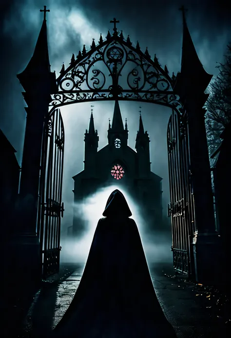 Dark fantasy with creepy architecture, Shot from behind of a creepy gothic girl, creepy and intimidating gate, A Gothic Church, dark palette mist, Eerie glow, Background face of a laughing Grim Reaper in a black hood,