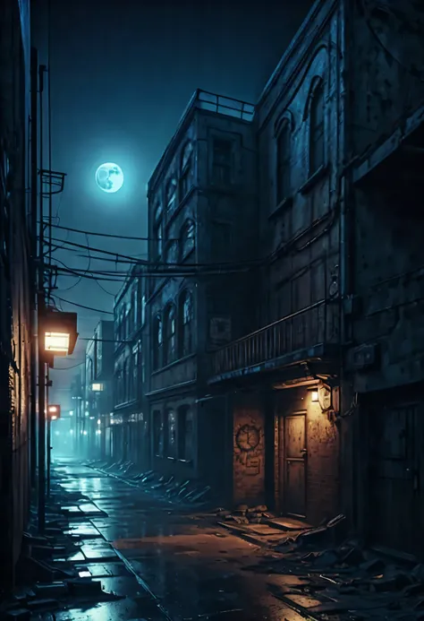 Intricately detailed digital illustration landscape of a cursed place, grunge antique spooky, Cyberpunk Back Alleys, cyberpunk fairy grunge street, An eerie hazy moonlit night, Natural shine, tonal contrast, delicate detailed rendering, Movie-like still im...