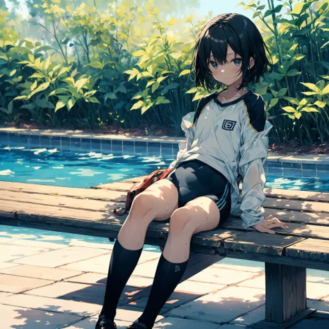 Super high quality by the art god, super detailed, High resolution, Shinkai Makoto style, anime moe art style, best anime 8K konachan wallpaper, pixiv contest winner, perfect anatomy, break,(Draw a picture of a girl in a swimsuit sitting sleepily on a benc...