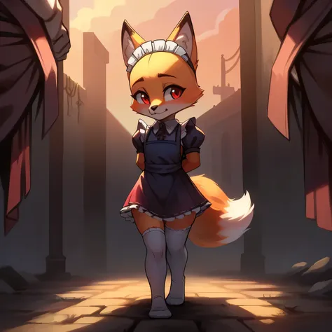 Best quality，Masterpiece，(Cartoony)，solo person，(Maid group dress)，((white stockings，White knee-length socks))，(Small ，for 6 years old，Short stature)，((bald-headed，fox Facial Features，fox Body Features，Pale orange body))，((No ears，foxears))，(Walking forwar...