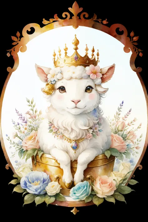 In this delightful watercolor illustration, a little sheep wearing crown jewels playfully peeks out from a treasure box filled with vibrant flowers. The scene is hand-painted in high quality, showcasing the exquisite details of the sheeps beanie eyes and t...